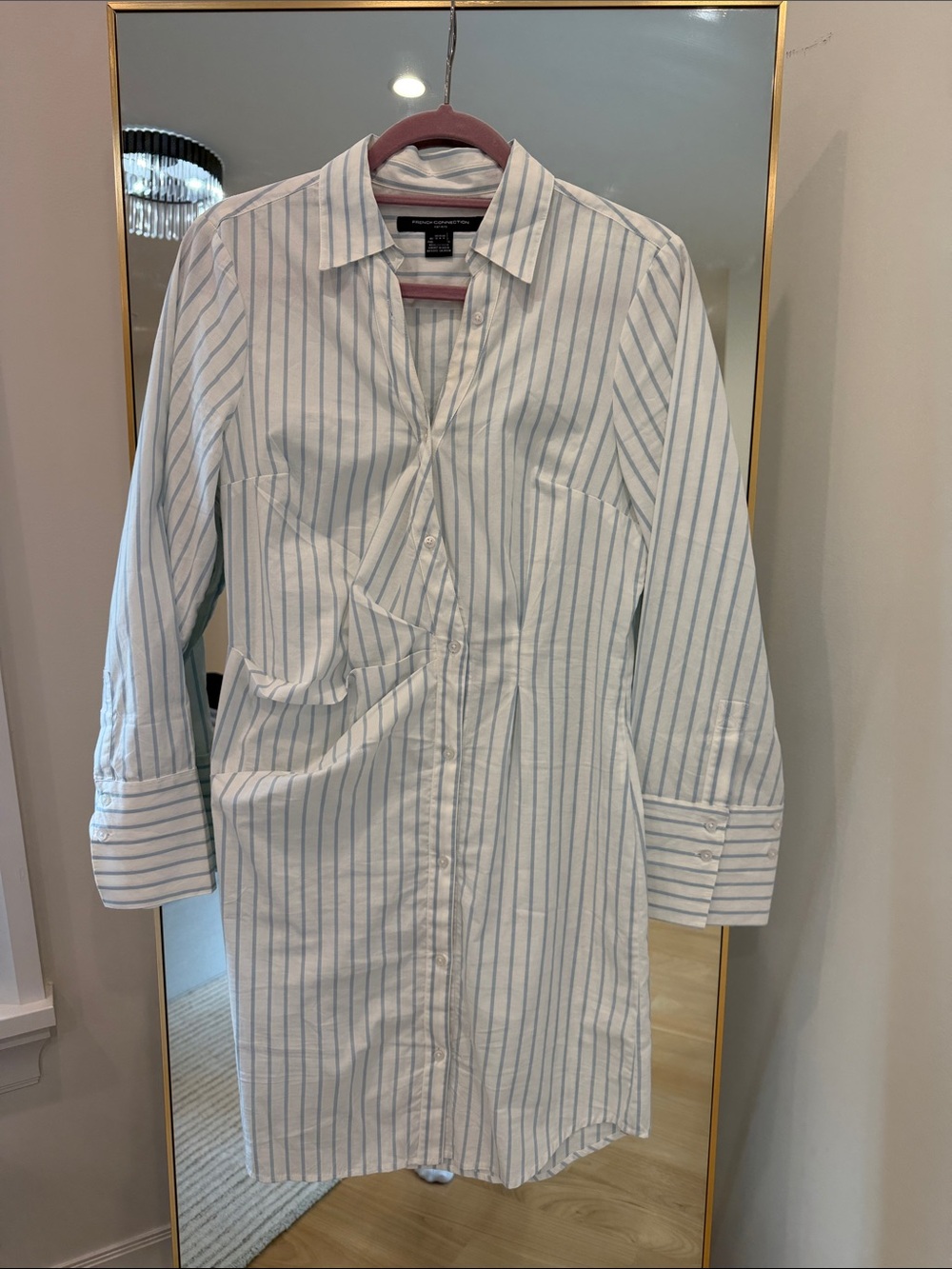 Button-Front Striped Shirt Dress in White and Light Blue